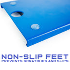 Blue mat with non-slip feet feature on a white background