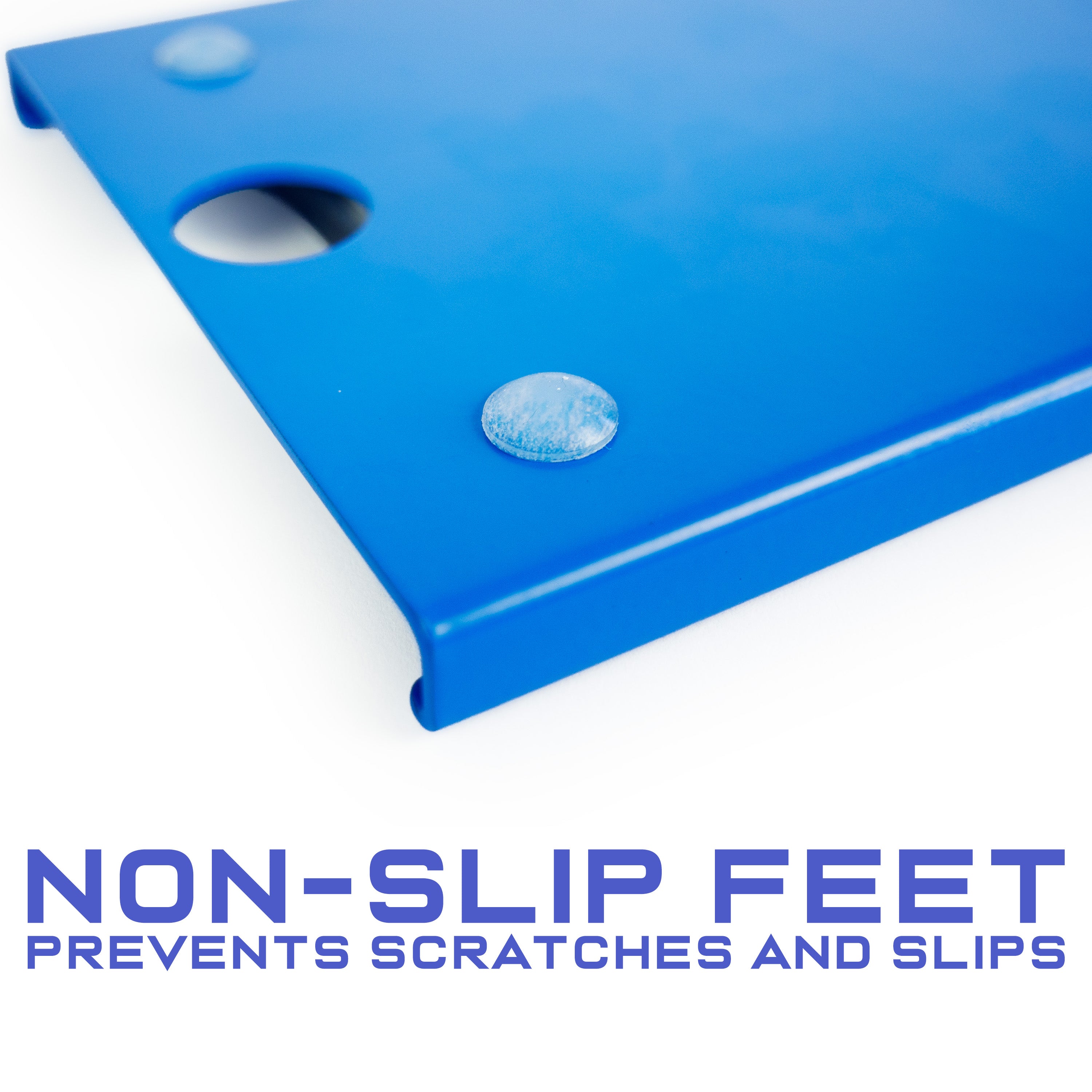 Blue mat with non-slip feet feature on a white background