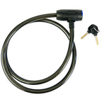 Coiled cable lock with a key on a white background