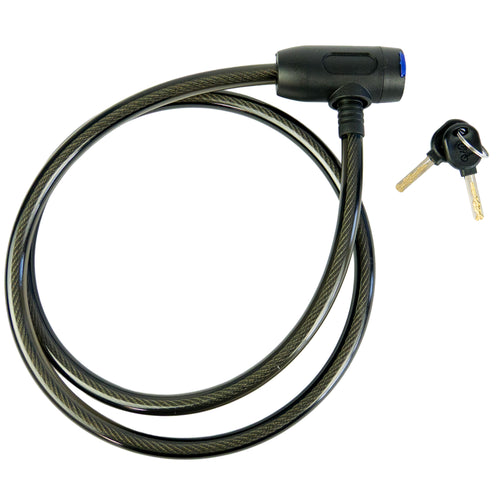 Coiled cable lock with a key on a white background