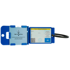 Blue parking disc holder with a parking ticket attached on a white background