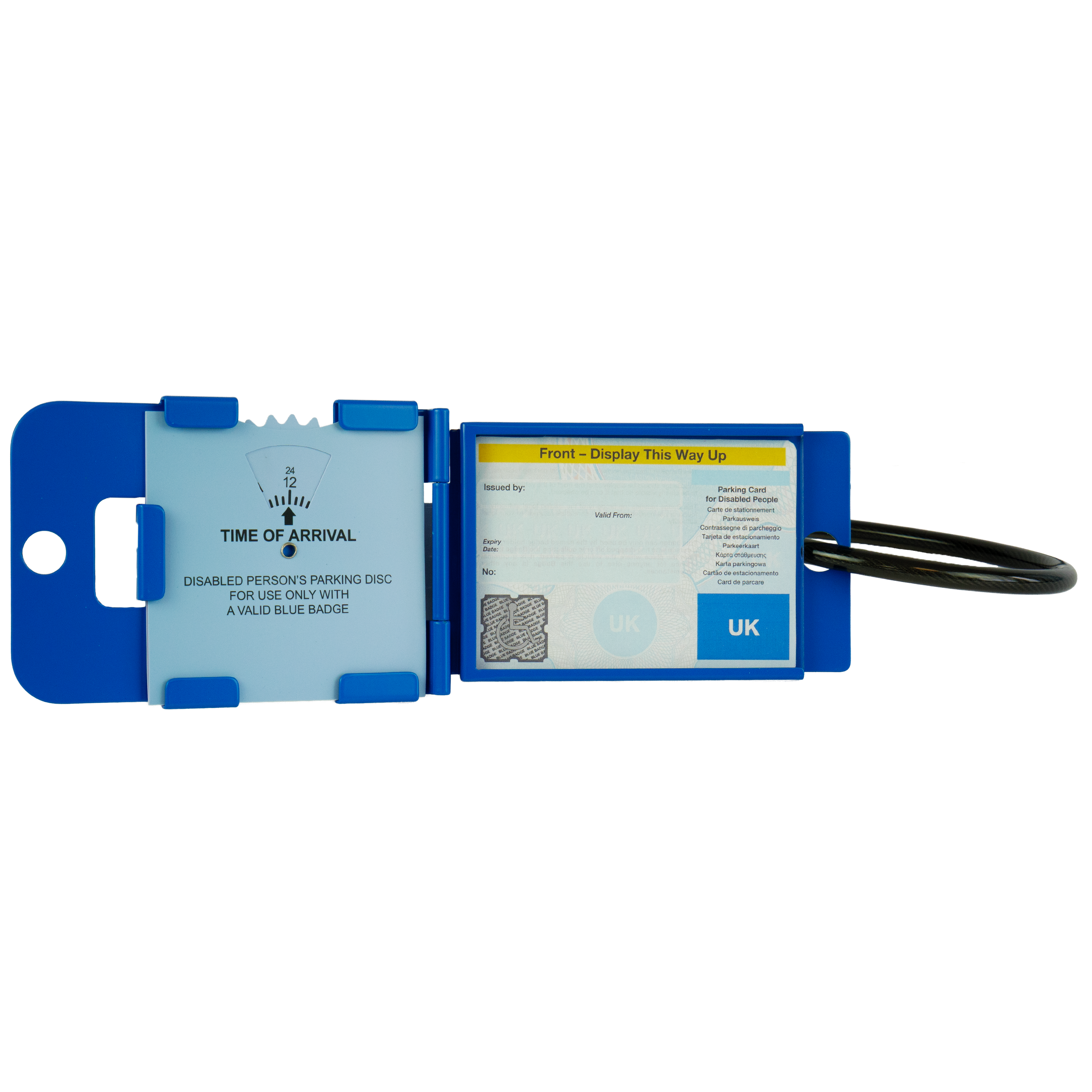 Blue parking disc holder with a parking ticket attached on a white background