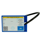 Blue holder with a disabled parking card on a white background