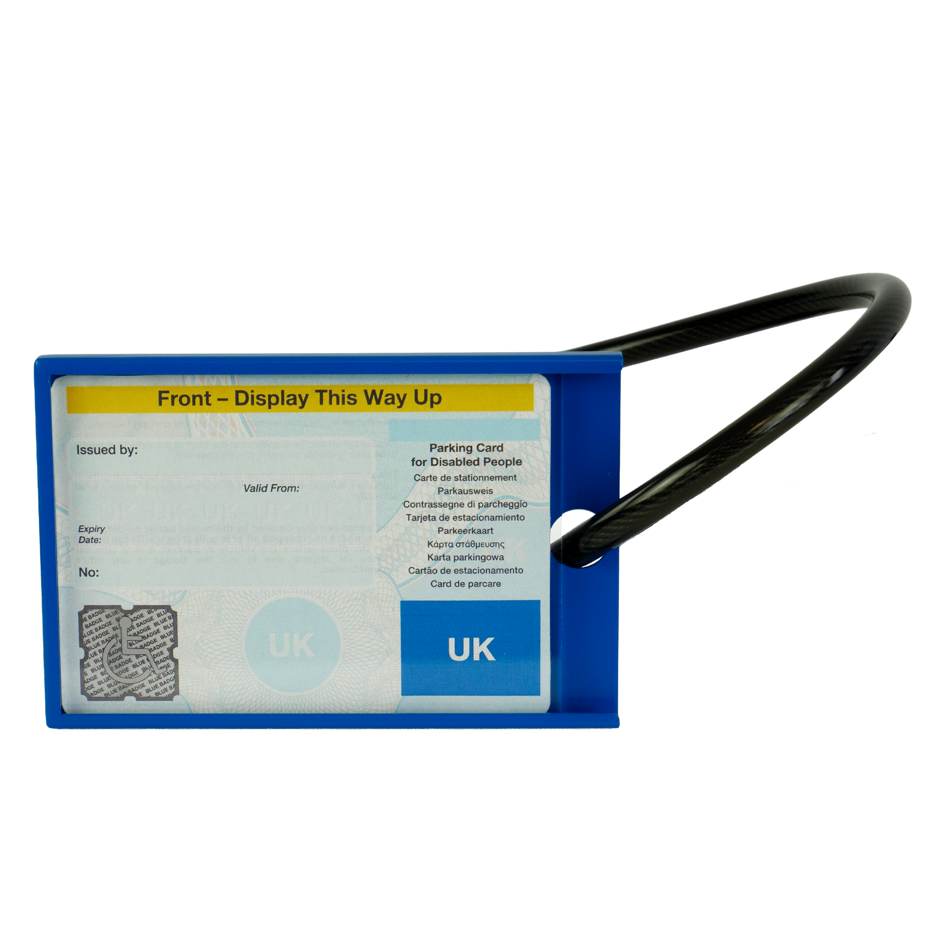 Blue holder with a disabled parking card on a white background